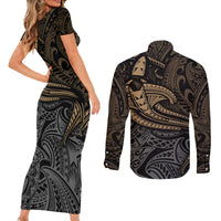 Polynesian Couples Matching Short Sleeve Bodycon Dress and Long Sleeve Button Shirts Hammerhead Shark Tribal Pattern - Wonder Print Shop