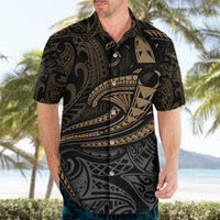 Black short-sleeve button-up Hawaiian shirt with bold tribal print and yellow accents