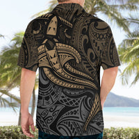 Black short-sleeve button-up Hawaiian shirt with large back tribal print and yellow accents