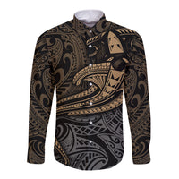 Polynesian Long Sleeve Button Shirt Hammerhead Shark Tribal Pattern - Wonder Print Shop