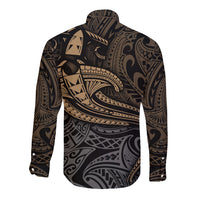 Polynesian Long Sleeve Button Shirt Hammerhead Shark Tribal Pattern - Wonder Print Shop