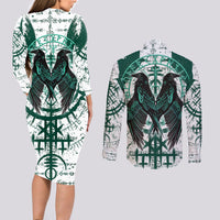 Winged Wisdom Of Viking Couples Matching Long Sleeve Bodycon Dress and Long Sleeve Button Shirts Hugin, Munin, and the Vegvisir - Wonder Print Shop