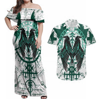 Winged Wisdom Of Viking Couples Matching Off Shoulder Maxi Dress and Hawaiian Shirt Hugin, Munin, and the Vegvisir - Wonder Print Shop