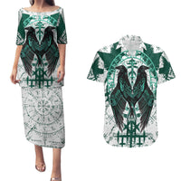 Winged Wisdom Of Viking Couples Matching Puletasi Dress and Hawaiian Shirt Hugin, Munin, and the Vegvisir - Wonder Print Shop