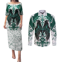 Winged Wisdom Of Viking Couples Matching Puletasi Dress and Long Sleeve Button Shirts Hugin, Munin, and the Vegvisir - Wonder Print Shop