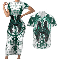 Winged Wisdom Of Viking Couples Matching Short Sleeve Bodycon Dress and Hawaiian Shirt Hugin, Munin, and the Vegvisir - Wonder Print Shop
