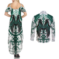 Winged Wisdom Of Viking Couples Matching Summer Maxi Dress and Long Sleeve Button Shirts Hugin, Munin, and the Vegvisir - Wonder Print Shop