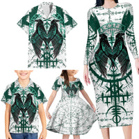 Winged Wisdom Of Viking Family Matching Long Sleeve Bodycon Dress and Hawaiian Shirt Hugin, Munin, and the Vegvisir - Wonder Print Shop
