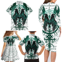 Winged Wisdom Of Viking Family Matching Long Sleeve Bodycon Dress and Hawaiian Shirt Hugin, Munin, and the Vegvisir - Wonder Print Shop