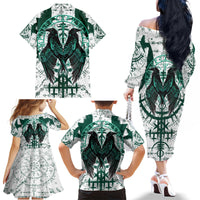 Winged Wisdom Of Viking Family Matching Off Shoulder Long Sleeve Dress and Hawaiian Shirt Hugin, Munin, and the Vegvisir - Wonder Print Shop