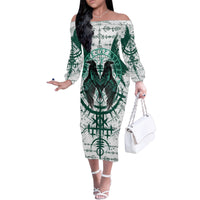 Winged Wisdom Of Viking Family Matching Off Shoulder Long Sleeve Dress and Hawaiian Shirt Hugin, Munin, and the Vegvisir - Wonder Print Shop