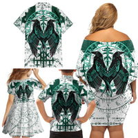 Winged Wisdom Of Viking Family Matching Off Shoulder Short Dress and Hawaiian Shirt Hugin, Munin, and the Vegvisir - Wonder Print Shop