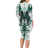 Winged Wisdom Of Viking Long Sleeve Bodycon Dress Hugin, Munin, and the Vegvisir - Wonder Print Shop