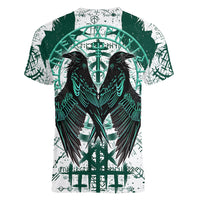 Winged Wisdom Of Viking Women V Neck T Shirt Hugin, Munin, and the Vegvisir - Wonder Print Shop