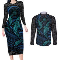 Polynesian Whale Couples Matching Long Sleeve Bodycon Dress and Long Sleeve Button Shirts - Wonder Print Shop