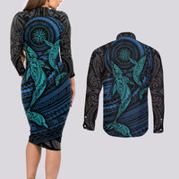 Polynesian Whale Couples Matching Long Sleeve Bodycon Dress and Long Sleeve Button Shirts - Wonder Print Shop