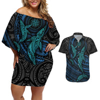 Polynesian Whale Couples Matching Off Shoulder Short Dress and Hawaiian Shirt - Wonder Print Shop