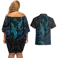 Polynesian Whale Couples Matching Off Shoulder Short Dress and Hawaiian Shirt - Wonder Print Shop