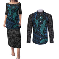 Polynesian Whale Couples Matching Puletasi Dress and Long Sleeve Button Shirts - Wonder Print Shop