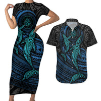 Polynesian Whale Couples Matching Short Sleeve Bodycon Dress and Hawaiian Shirt - Wonder Print Shop