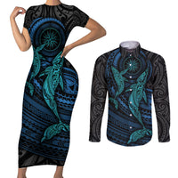 Polynesian Whale Couples Matching Short Sleeve Bodycon Dress and Long Sleeve Button Shirts - Wonder Print Shop