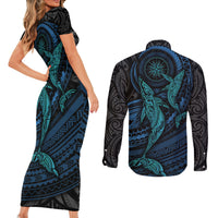 Polynesian Whale Couples Matching Short Sleeve Bodycon Dress and Long Sleeve Button Shirts - Wonder Print Shop
