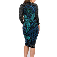 Polynesian Whale Family Matching Long Sleeve Bodycon Dress and Hawaiian Shirt - Wonder Print Shop