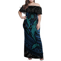 Polynesian Whale Family Matching Off Shoulder Maxi Dress and Hawaiian Shirt - Wonder Print Shop