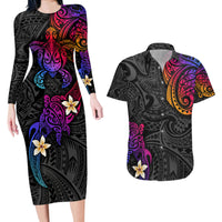 Turtle and Plumeria - Polynesian Couples Matching Long Sleeve Bodycon Dress and Hawaiian Shirt - Wonder Print Shop
