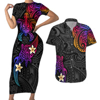 Turtle and Plumeria - Polynesian Couples Matching Short Sleeve Bodycon Dress and Hawaiian Shirt - Wonder Print Shop