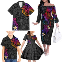 Turtle and Plumeria - Polynesian Family Matching Off Shoulder Long Sleeve Dress and Hawaiian Shirt - Wonder Print Shop