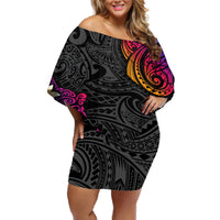 Turtle and Plumeria - Polynesian Off Shoulder Short Dress - Wonder Print Shop