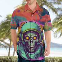 Multicolor Hawaiian shirt worn by model; skull astronaut graphic, short sleeves, button-up