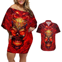 Red off-shoulder short dress and matching Hawaiian shirt with flaming skull print