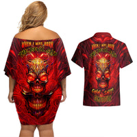 Red off-shoulder short dress and red Hawaiian shirt set with skull graphic
