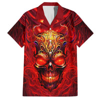 Red Hawaiian shirt with front devil skull and flame pattern, short sleeves, button placket