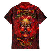 Red Hawaiian shirt with fiery devil skull graphic, short sleeves, button-up collar