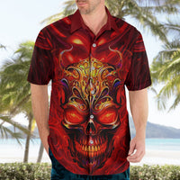 Adult red Hawaiian shirt worn model, front devil skull and flame graphic, short sleeves