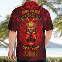 Back view of red Hawaiian shirt with devil skull flames and text graphic, short sleeves