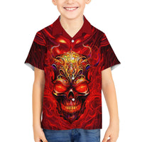 Kids red Hawaiian shirt with front devil skull and flame artwork, short sleeves, button placket