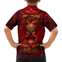 Back view of kids red Hawaiian shirt with devil skull flames and text graphic, short sleeves