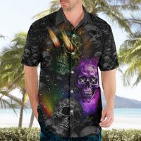 Black Hawaiian shirt with green-orange burning skull and purple skull graphic