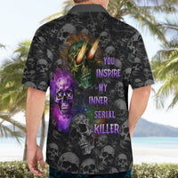 Black Hawaiian shirt back with multicolor skull artwork and neon text