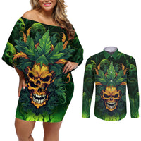 I Can't Go To Hell The Devil Still Has A Restraining Order Against Me Couples Matching Off Shoulder Short Dress and Long Sleeve Button Shirts - Wonder Print Shop