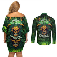 I Can't Go To Hell The Devil Still Has A Restraining Order Against Me Couples Matching Off Shoulder Short Dress and Long Sleeve Button Shirts - Wonder Print Shop