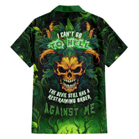 Green Hawaiian shirt with skull and fiery leaves front graphic