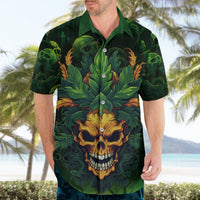 Green Hawaiian shirt with skull front graphic and short sleeves on a man