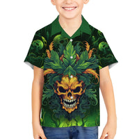 Green kids Hawaiian shirt with skull and leaf artwork, short-sleeve button-up