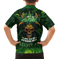 Green kids Hawaiian shirt back with “CAN’T GO TO HELL” skull and restraining order text