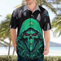 Black Hawaiian shirt with neon green skull face print at center, short sleeves